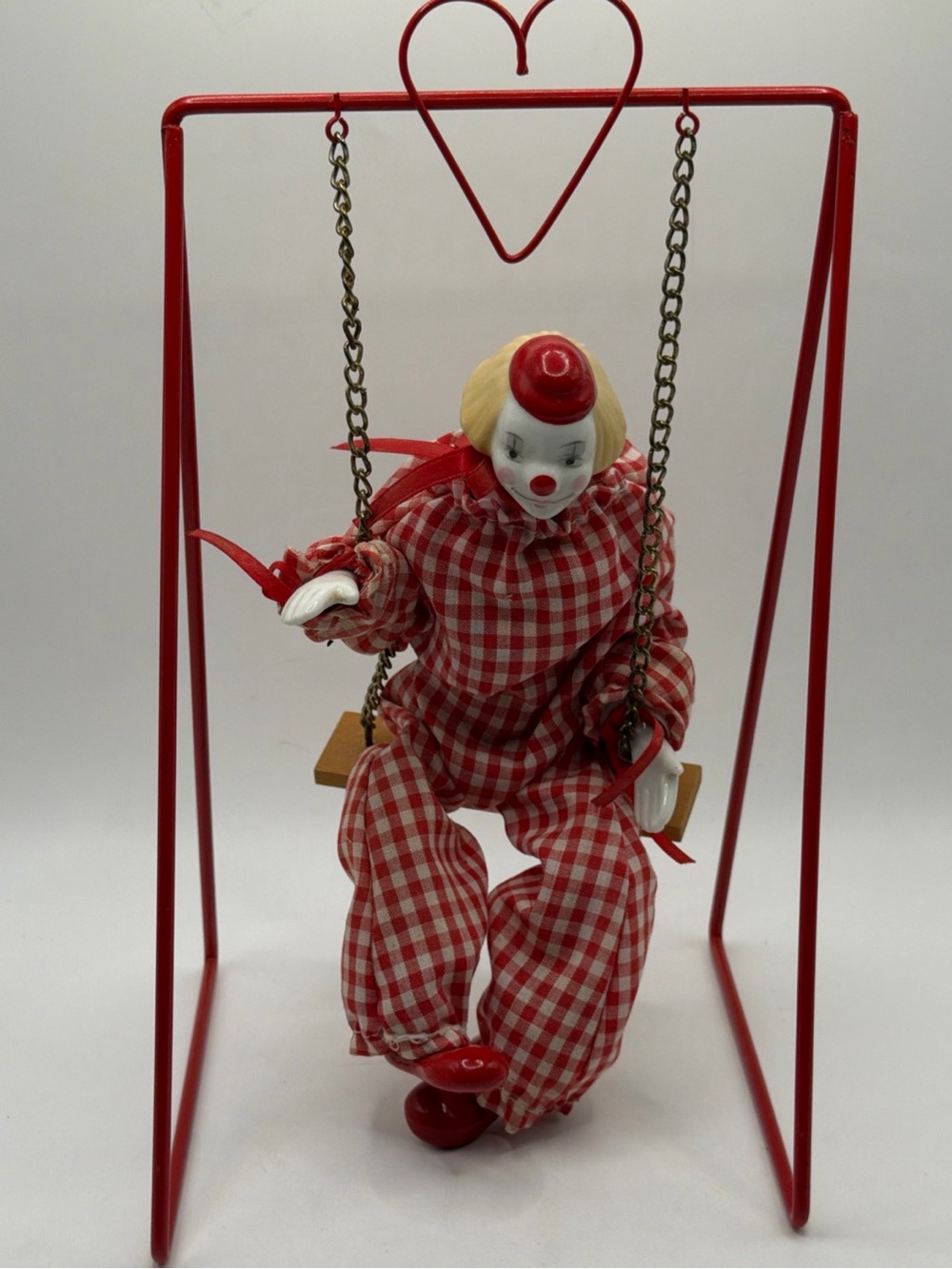 Vintage 1984 Enesco Clown Doll on Swing Creepy Porcelain Figurine Red Read